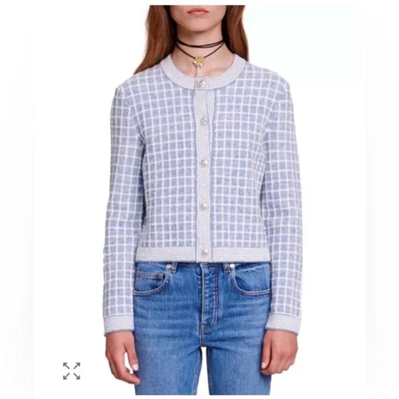 Maje Blue Checkered Sequin Malony Cardigan NWOT - Picture 1 of 4